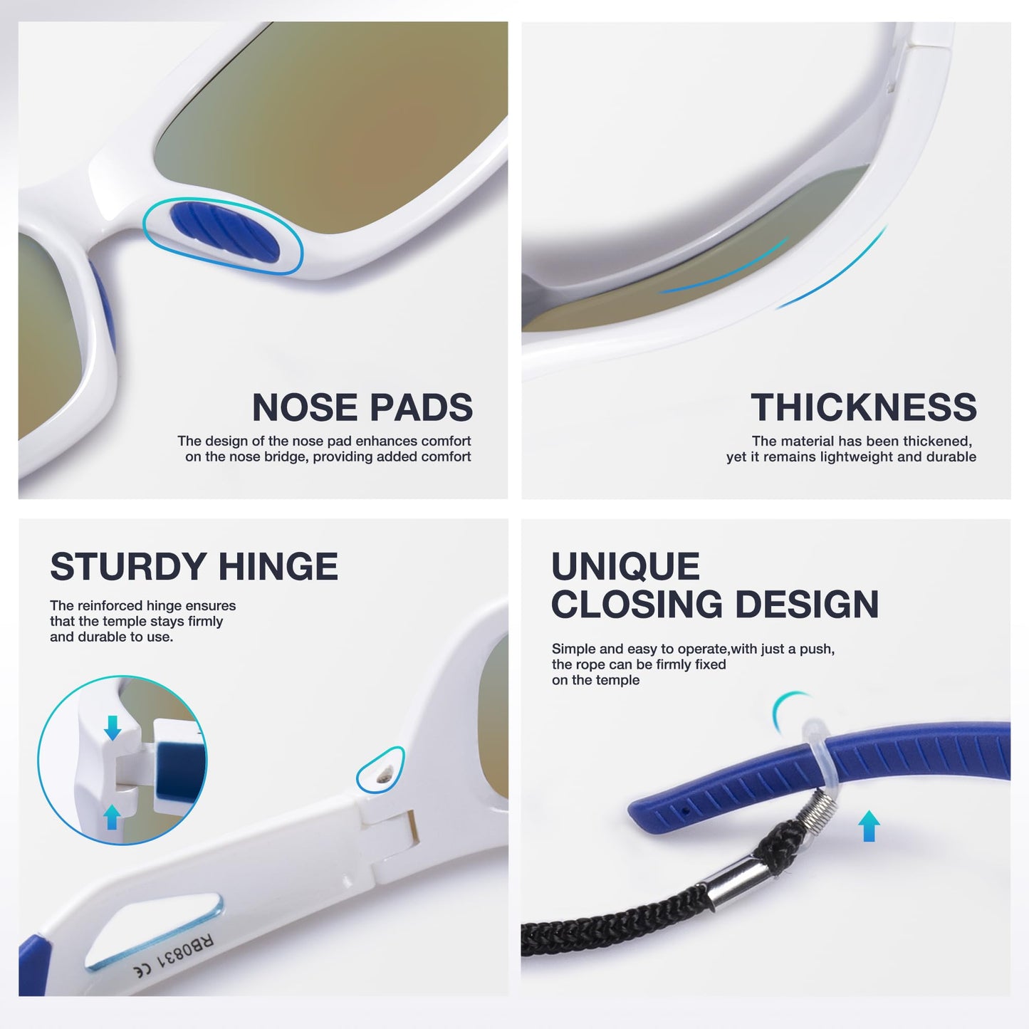 RIVBOS Polarized Sports Sunglasses Driving Sun Glasses Shades for Men Women Tr90 Frame for Cycling Fishing Running RB831 White Frame/Blue Lens