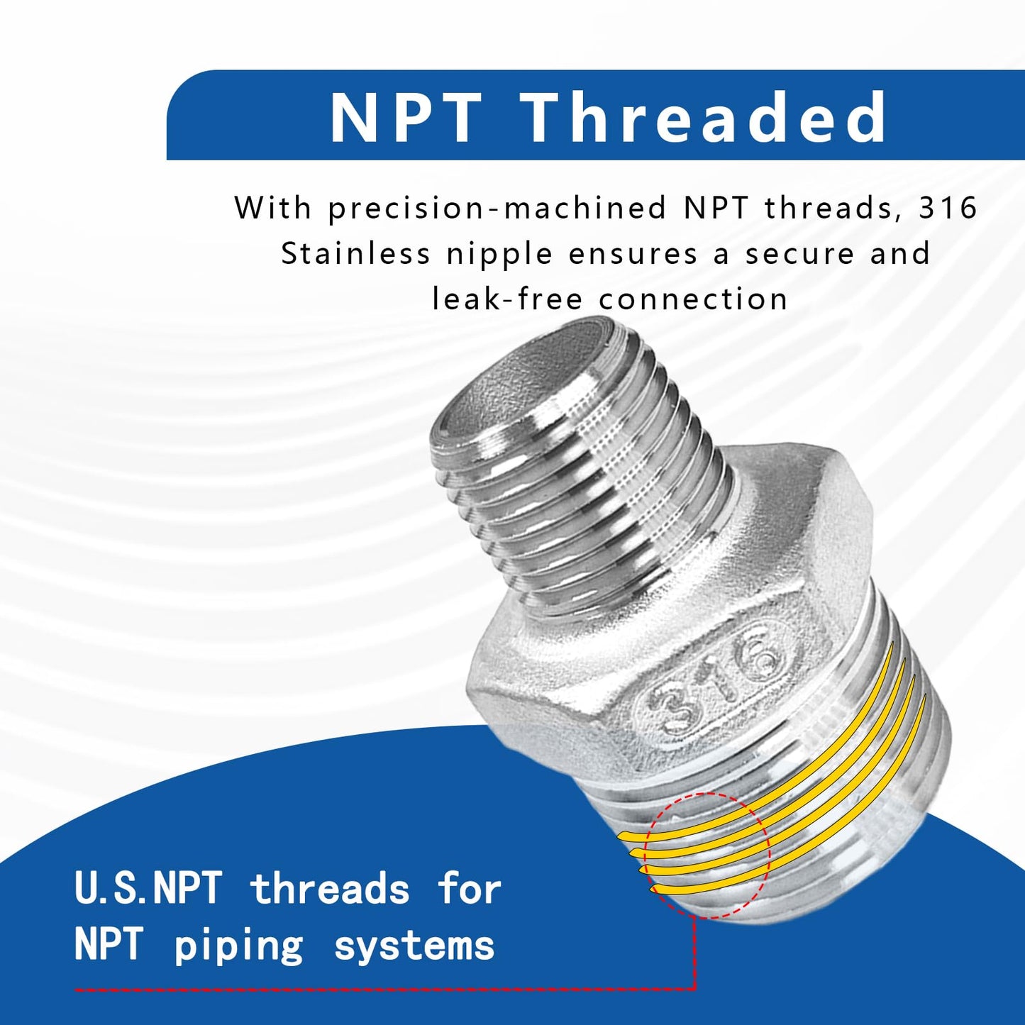 Dnkoua 2-Pack 316 Stainless Steel Reducing Hex Nipple, 1/2" NPT Male x 1/4" NPT Male Pipe Fitting Adapter - Corrosion Resistant Reducer Connector for Plumbing, Hydraulic Systems (1/2" to 1/4")