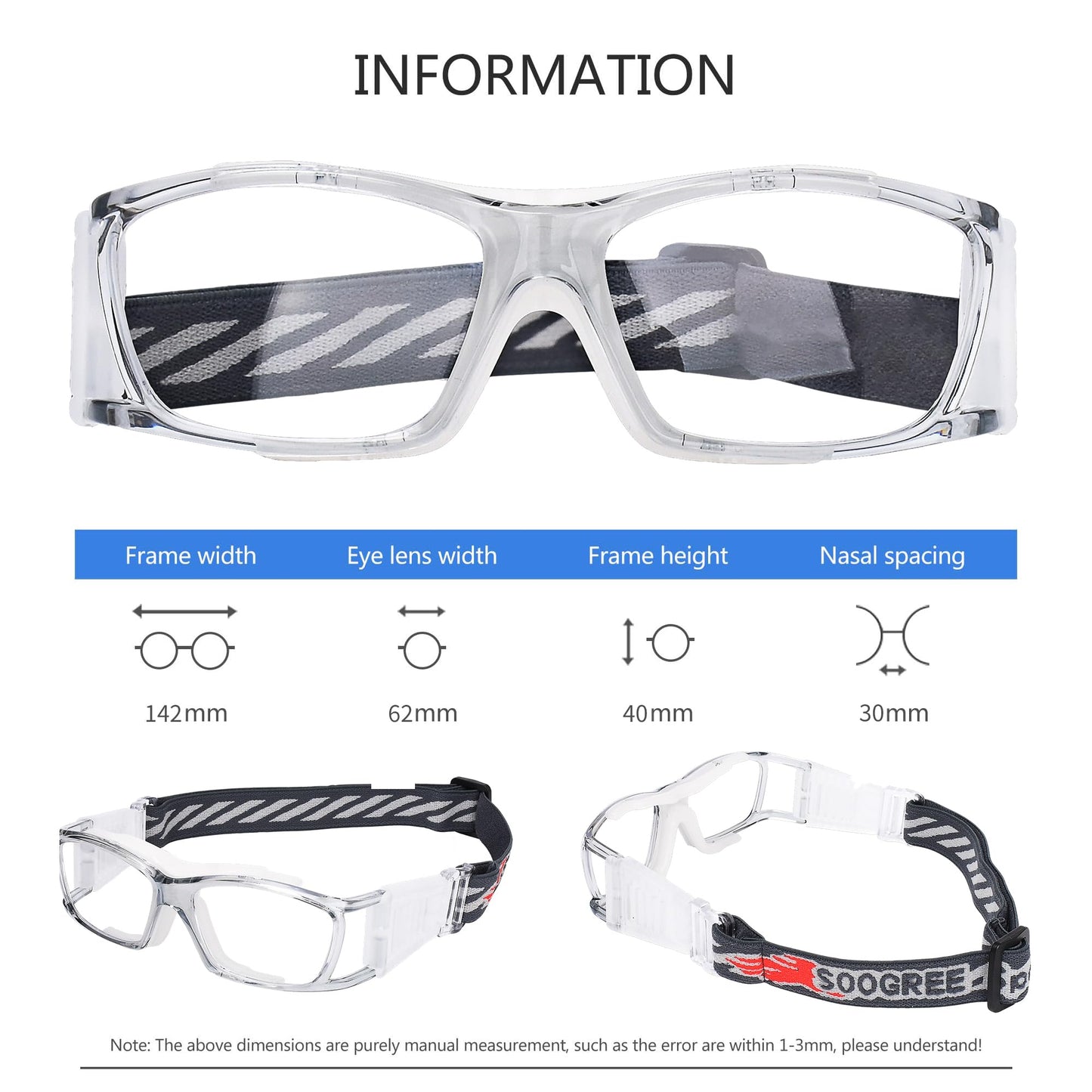 SooGree Sport Goggles for Mens,Basketball Soccer Football Racquetball Protective Eyewear Safety Goggles Lens Replaceable (G8015 Grat frame Whate pads)