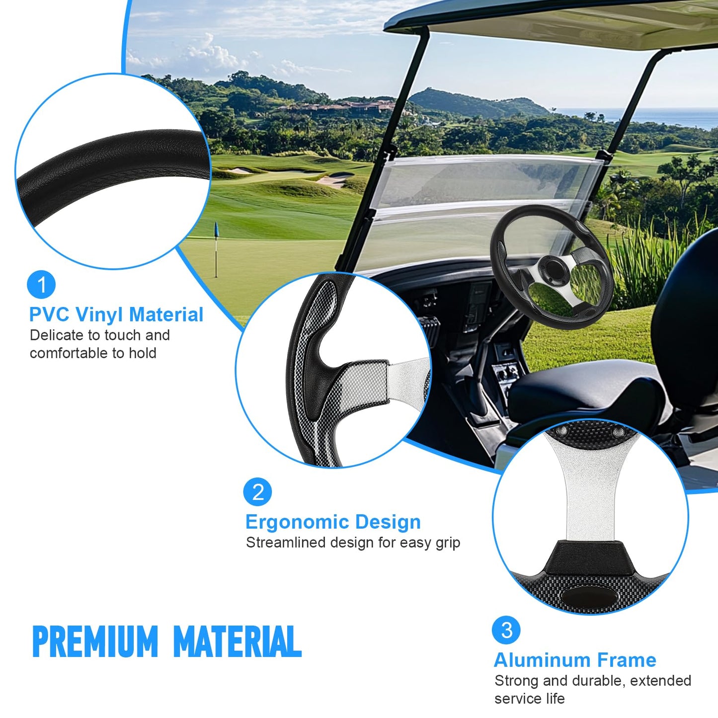 Universal Golf Cart Steering Wheel, 6 Bolt Aluminum Frame Golf Steering Wheel 12.5" PVC Vinyl Leather, Fit For Club Car DS & Precedent, EZGO TXT & RXV, Yamaha Most Golf Cart Model