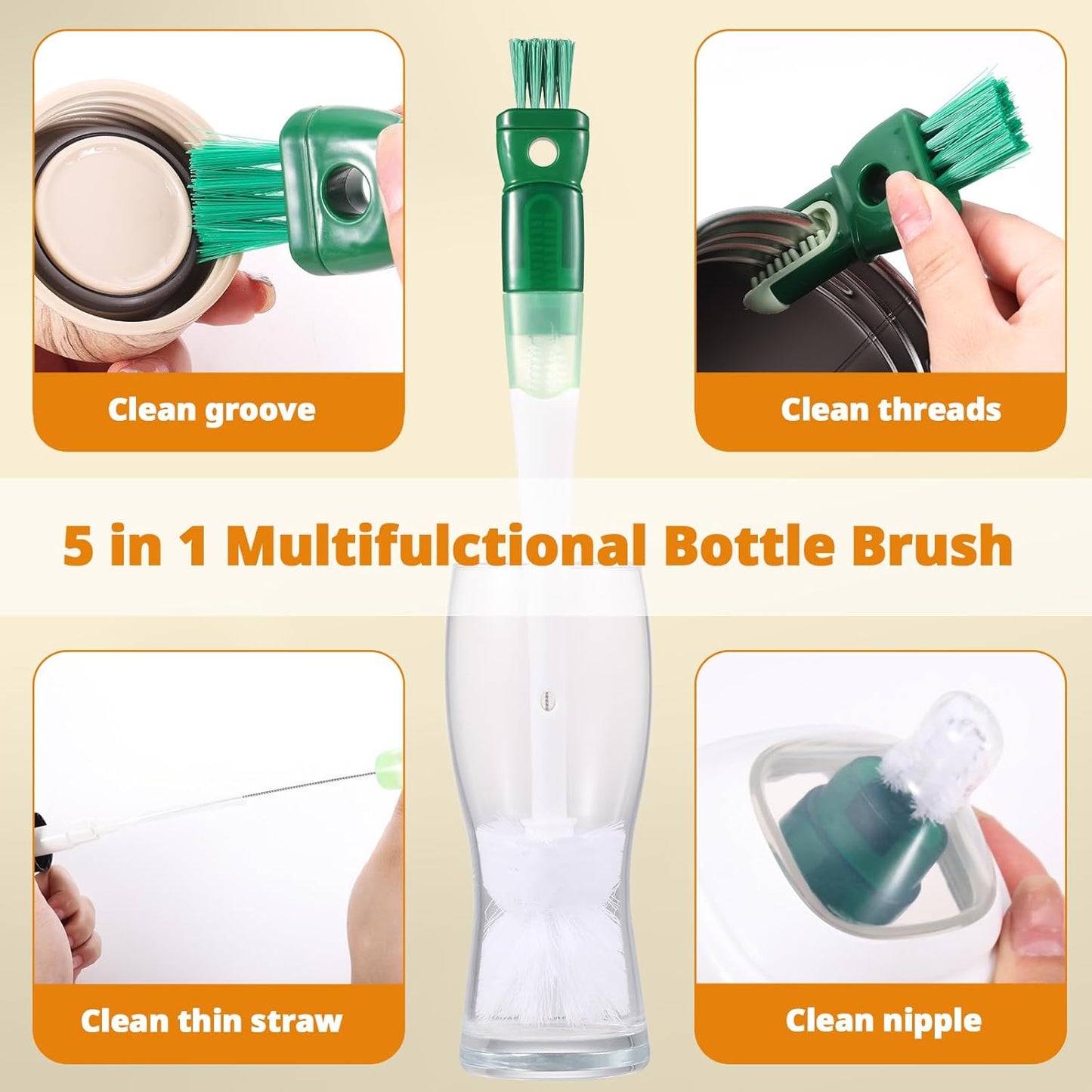 OUTXE Bottle Brush Set - 5-in-1 Water Bottle Cleaner with Long Handle & Straw Brushes | 15" Length
