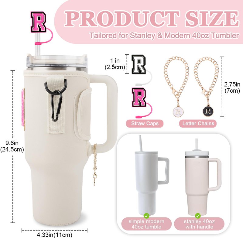 Personalized Initial A-Z Water Bottle Holder Bag for Stanley 40oz Tumbler, Initial Water Bottle Carrier Bag with Strap, 2 Straw Cover Cap &2 Letter Chains for Stanley Cup Accessories(Pink-White E)