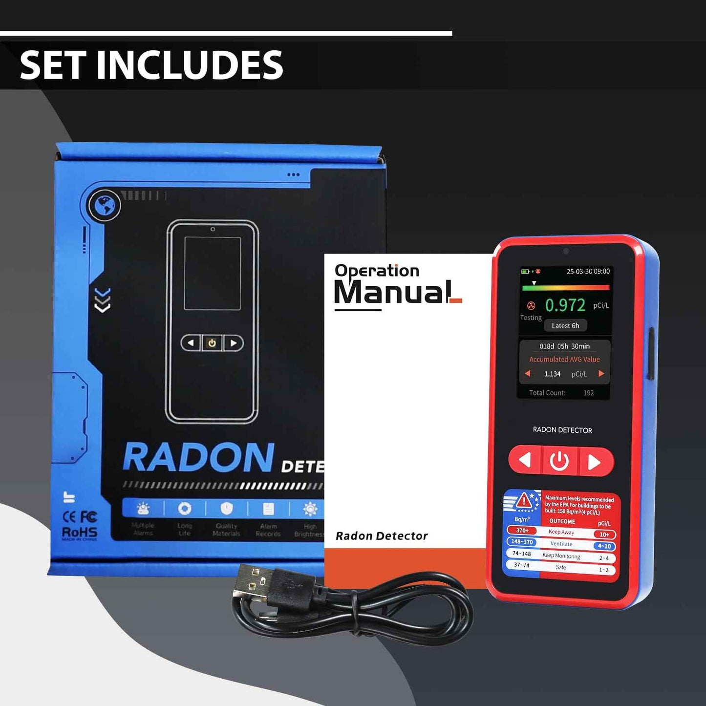 Radon Detector Portable Radon Tester, 0.09-1000pCi/L Radon Detector for Home, 504-Day Data Storage Radon Monitor with Buzzer and Visual Alarm, Large LCD Screen 45-Day Battery Life for Home Basement