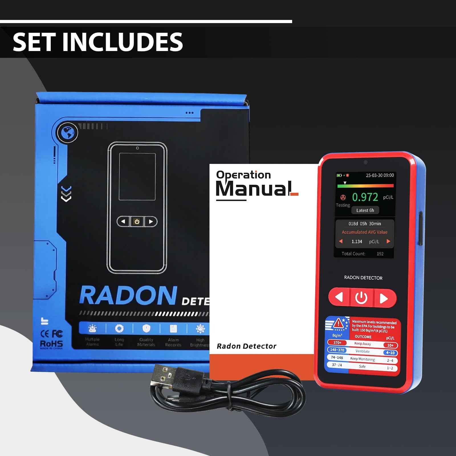 Radon Detector Portable Radon Tester, 0.09-1000pCi/L Radon Detector for Home, 504-Day Data Storage Radon Monitor with Buzzer and Visual Alarm, Large LCD Screen 45-Day Battery Life for Home Basement