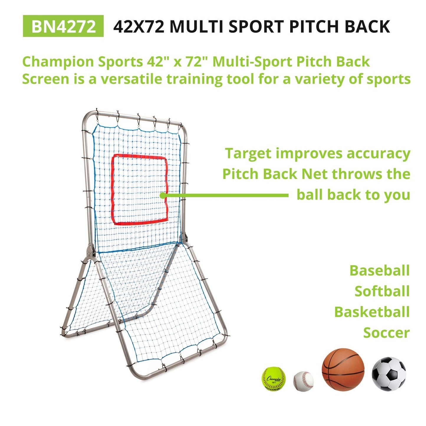 Champion Sports Rebound Pitchback Net - Adjustable Training Practice Rebounder Bounceback Pitchback Screen for Multi-Sport Training - Heavy-Duty Construction Pitchback Screen with Adjustable Angles