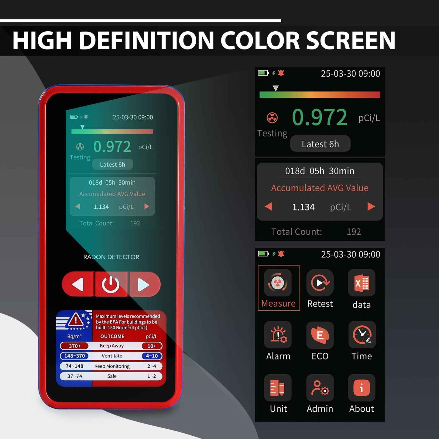 Radon Detector Portable Radon Tester, 0.09-1000pCi/L Radon Detector for Home, 504-Day Data Storage Radon Monitor with Buzzer and Visual Alarm, Large LCD Screen 45-Day Battery Life for Home Basement