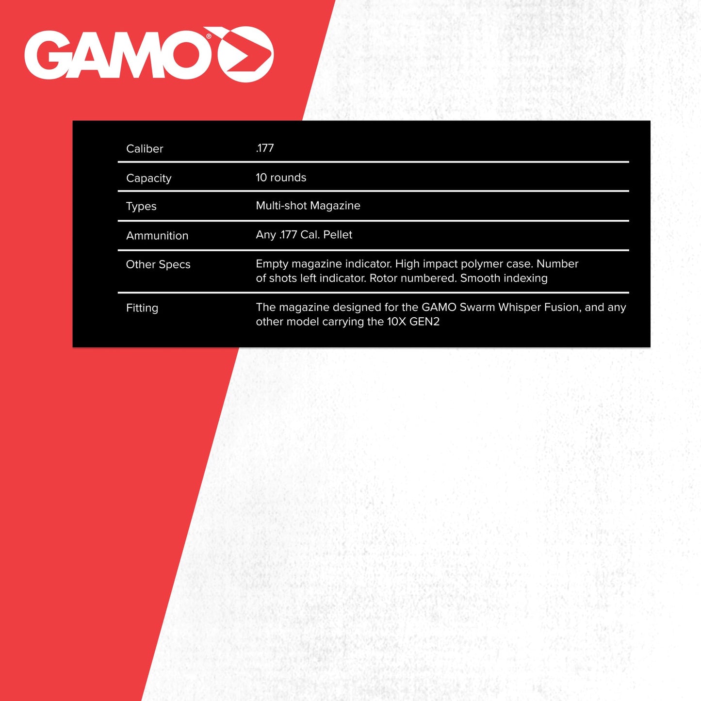 Gamo 10X GEN2 Quick-Shot Magazine .177 Cal, 10 Rounds, Rotary Clip, for Swarm Fusion and Swarm Maxxim, Black