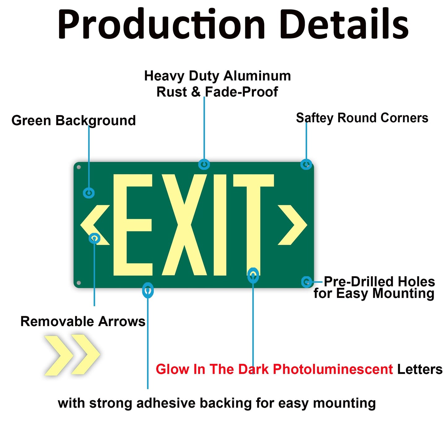 3Pack Photoluminescent Exit Sign Green - 14.25"x 7.5" Aluminum - Adhesive Backing- Includes 6pcs Removable Arrows - Glow In The Dark Exit Signs