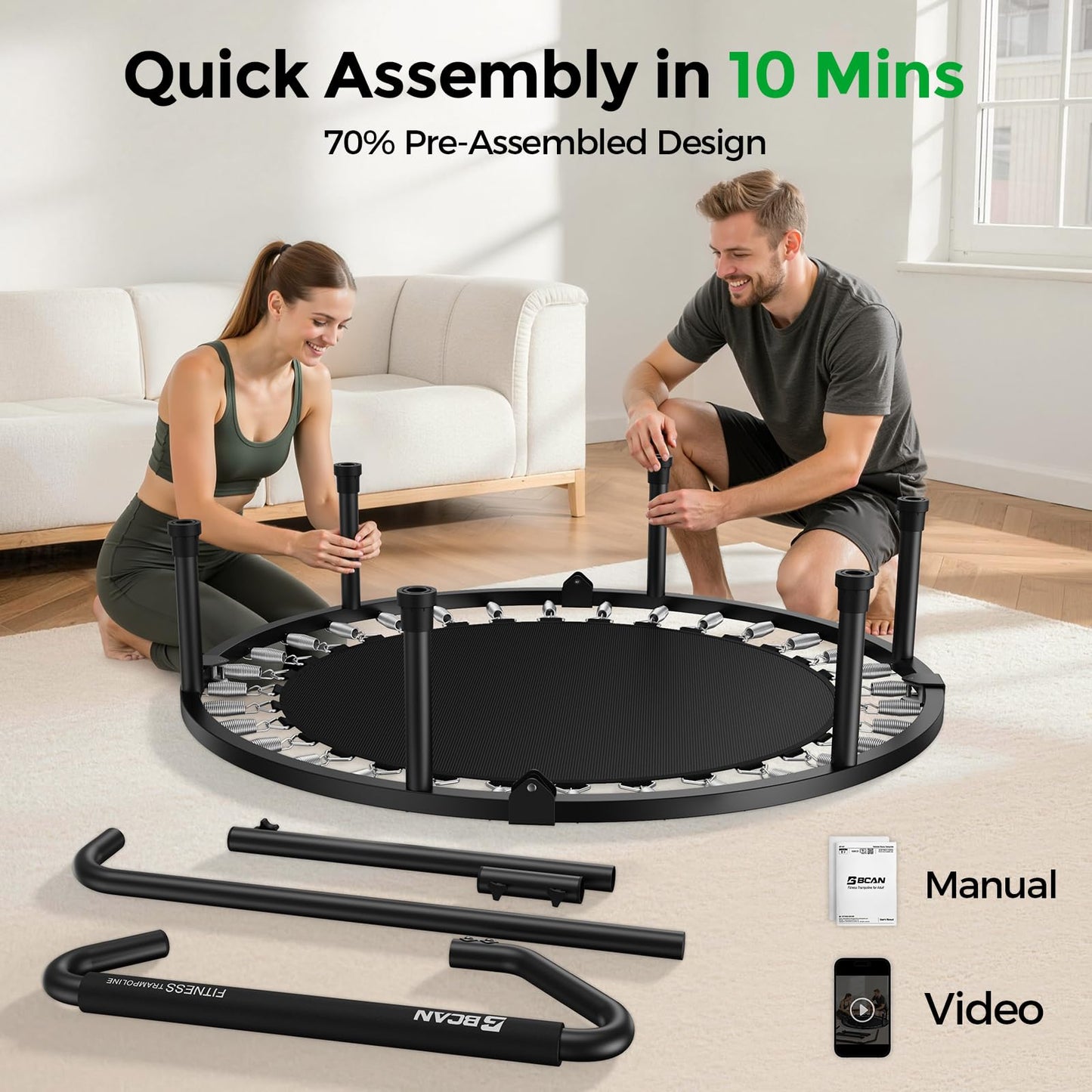 BCAN SP3 40"/48" Foldable Mini Trampoline, Rebounder Trampoline for Adults, U/T Adjustable Foam Handle, Exercise Rebounder for Adults Indoor/Garden Workout, Max Load 330lbs/440lbs-40T-Green