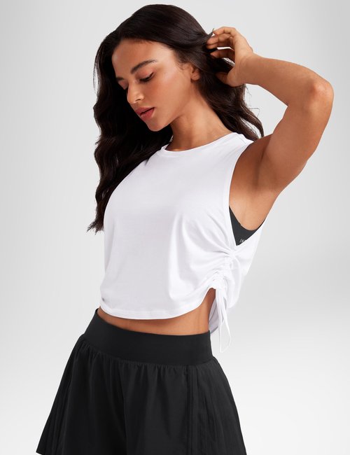 INGIA Pima Cotton Women Crew Neck Workout Cropped Tank Tops Ruched Side Sleeveless Gym Yoga Running Shirts White Small