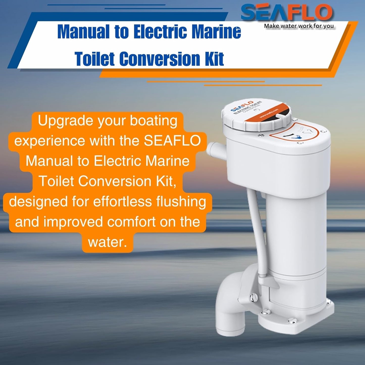 SEAFLO 12V Electric Marine Toilet Conversion Kit - Self-Priming Macerator Flush, Fits Compact & Regular Heads