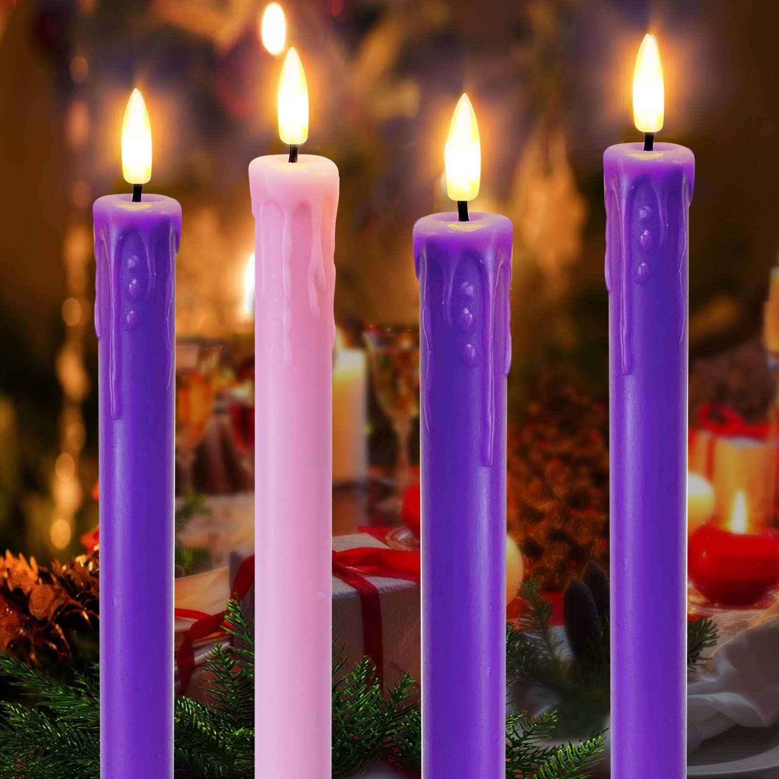 Abkshine Set of 4 LED Christmas Candle Lights, Battery Operated Taper Candles for Advent Wreath, 3 Purple 1 Rose Flickering Wax Flameless Candles for Holiday School Church Celebration