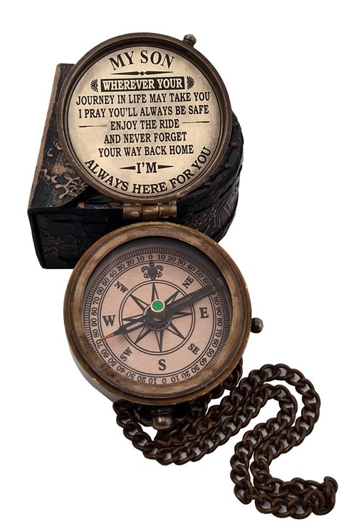 The New Antique Store - Brass Compass Engraved with Motivational Quote, Gift for Son, Grandson, Daughter, Baptism, Confirmation Communion Godson Church Graduation Day (in Leather Case)