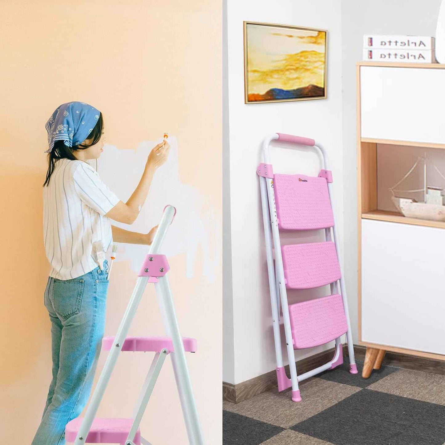 Portable 3-Step Folding Ladder - Sturdy Steel Step Stool with Anti-Slip Pedal & Handgrip, 500lbs Capacity for Home & Office