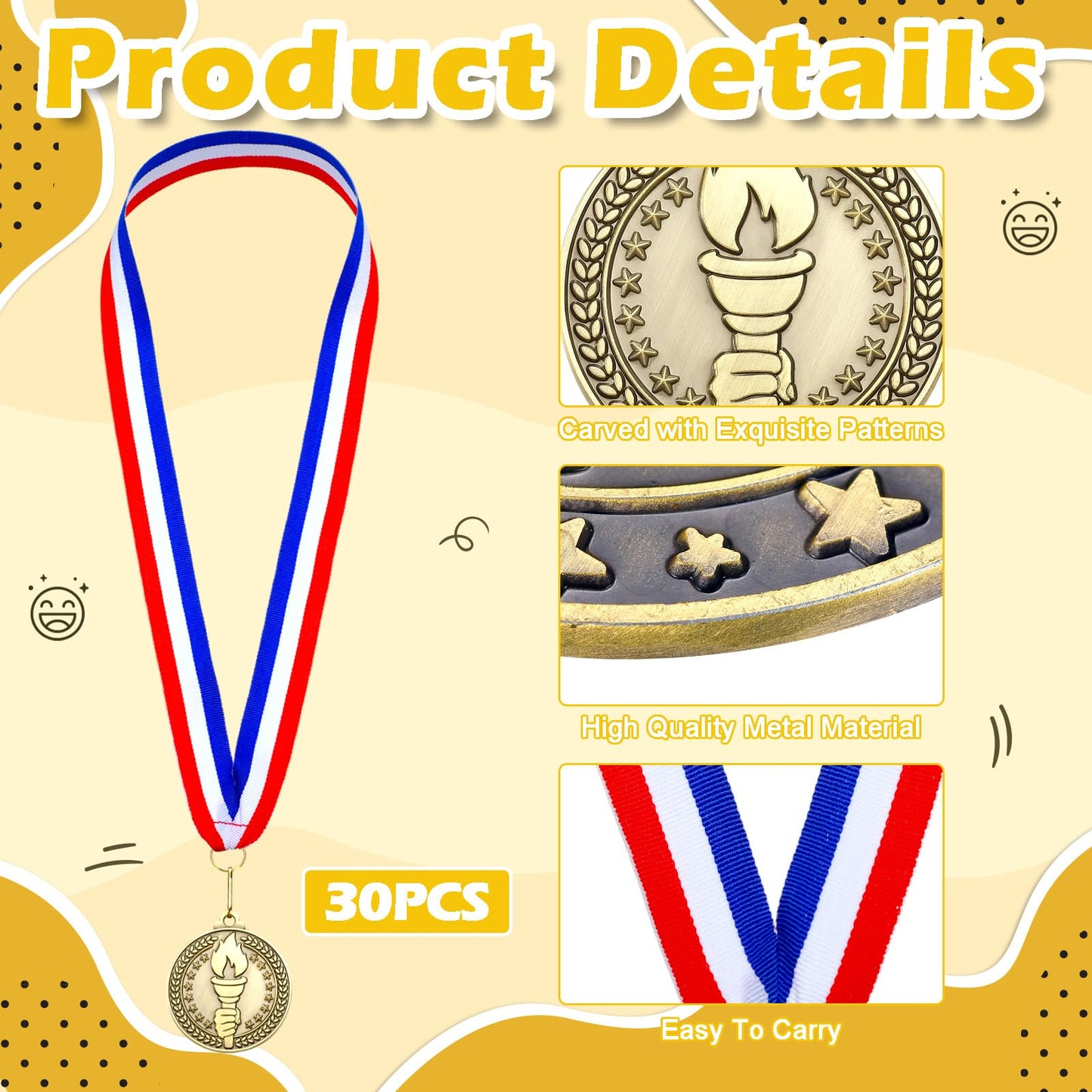 Remuuly 30 Pcs Gold Medals Bulk 2'' Basketball Soccer Baseball Volleyball Football Lacrosse Kickball Cheer Bowling Trophy Medals for Awards for Sports Participation Winner Gift(Gold,Torch)