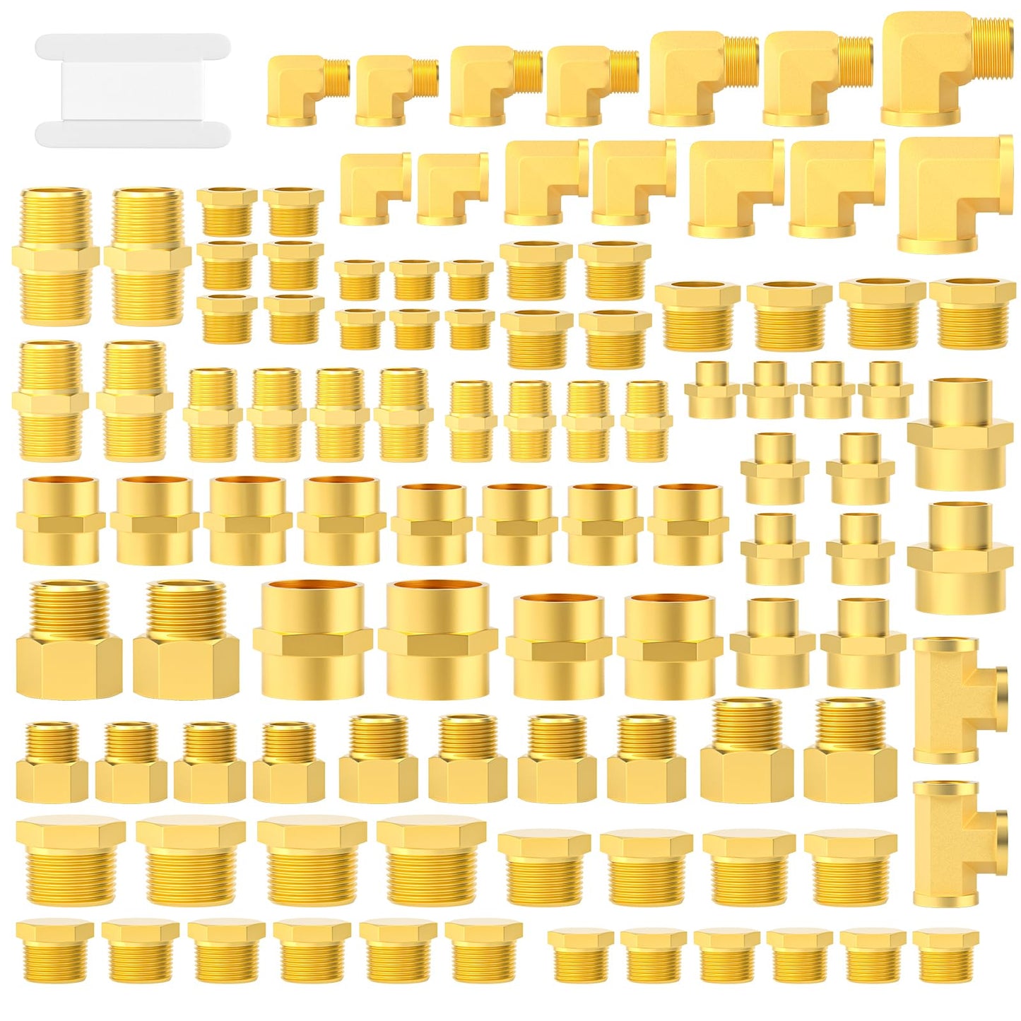 GASHER 104Pcs Brass Pipe Fittings Assortment Kit, Reducing Adapter, Hex Nipple, Female Coupling, Reducing Coupling, 90 Degree Barstock Street Elbow, Hex Bushing, Hex Head Plug and Tee Pipe Fitting