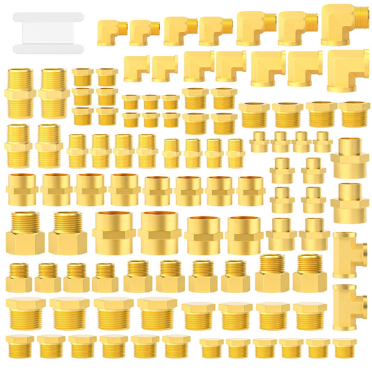 GASHER 104Pcs Brass Pipe Fittings Assortment Kit, Reducing Adapter, Hex Nipple, Female Coupling, Reducing Coupling, 90 Degree Barstock Street Elbow, Hex Bushing, Hex Head Plug and Tee Pipe Fitting