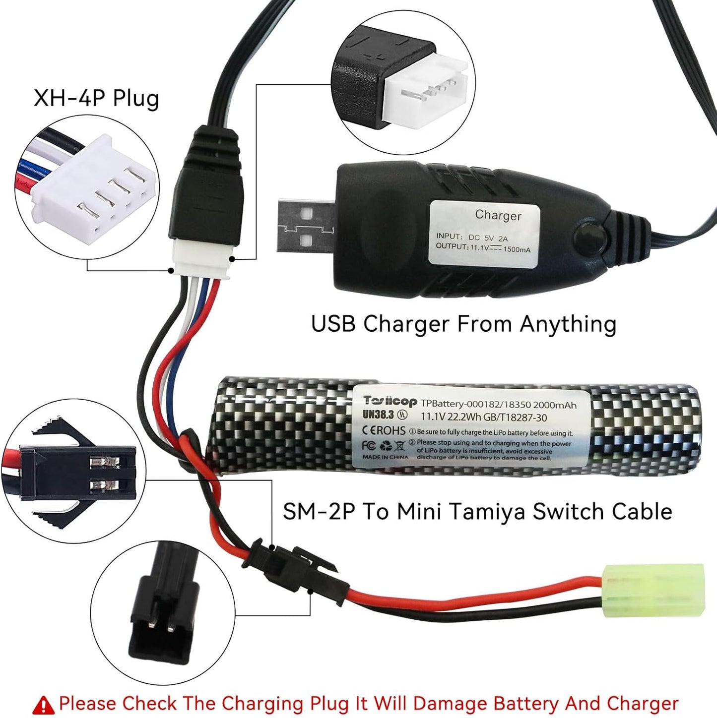 11.1V Battery Gel Blaster - High-Capacity 2000mAh Airsoft Battery with Charger & Mini Tamiya Connector