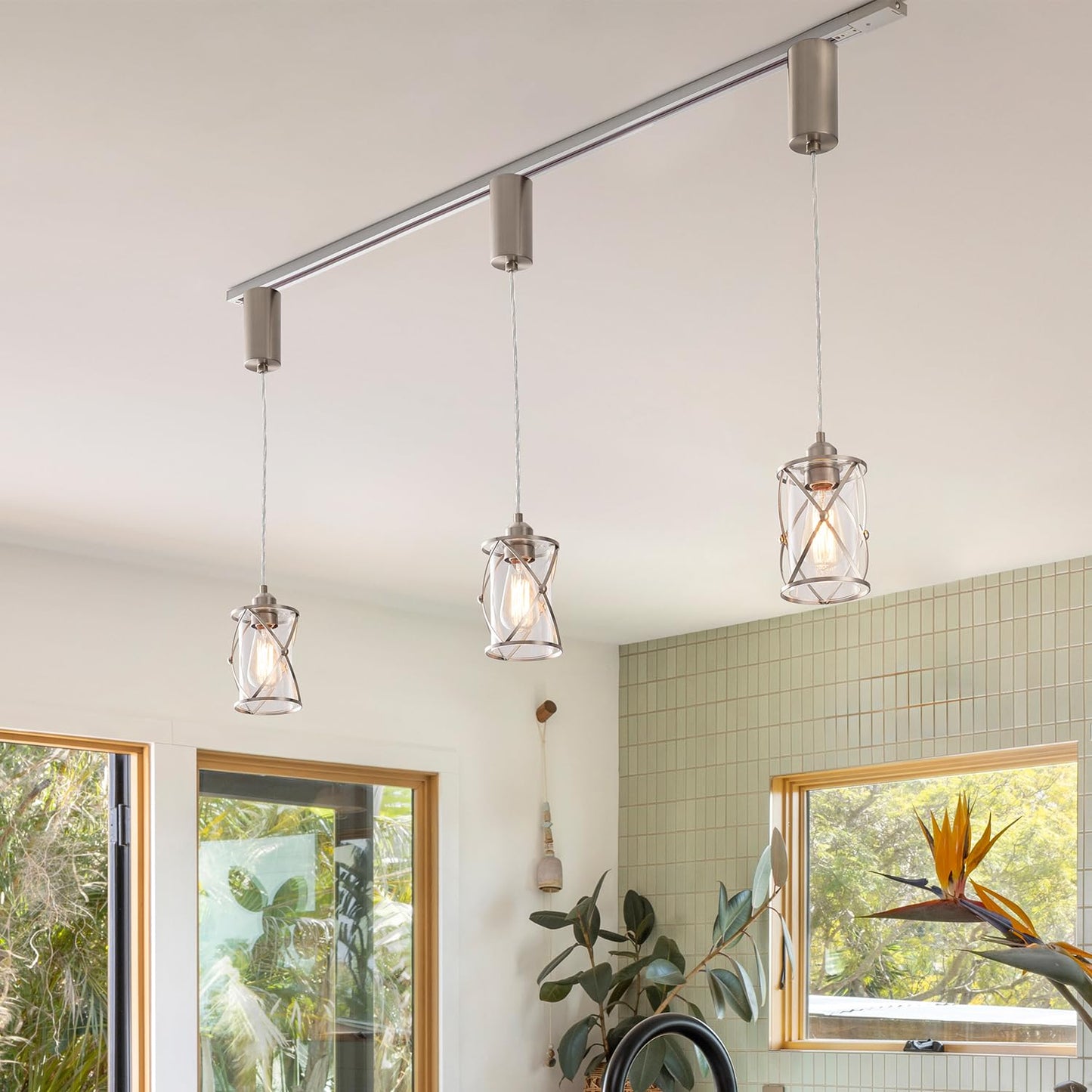 mirrea H-Type Brushed Nickel Track Lighting Pendant with Dotted Cage Clear Glass, Adjustable Hanging Light, E26 Socket, Pack of 3