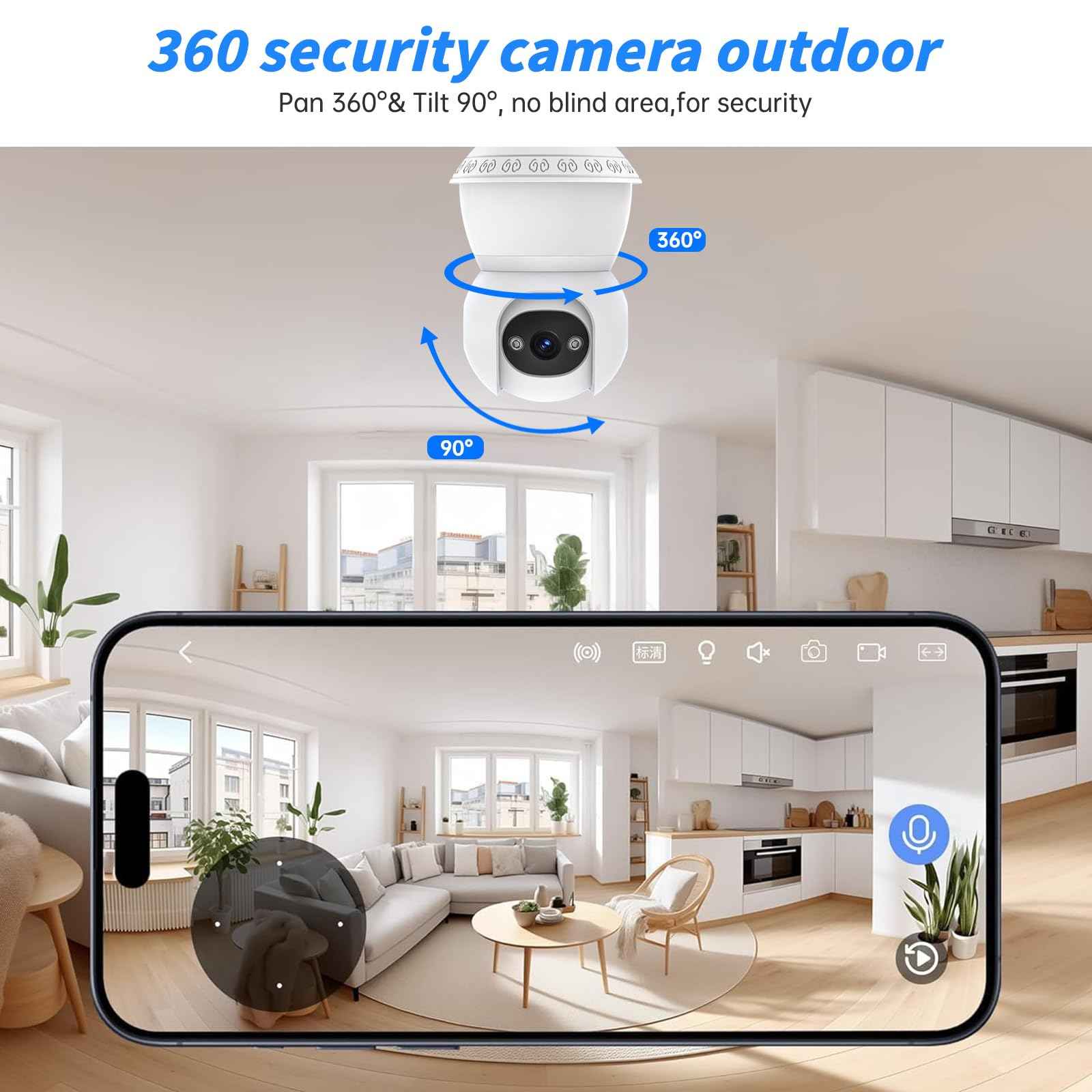 Light Bulb Security Camera, 2.4G/5GHz WiFi 2K Security Cameras Wireless Outdoor Indoor,Bulb Cameras for Home Security,AI Human Detection,Siren Alarm,2 Way Talk,Color Night Vision,Compatible with Alexa