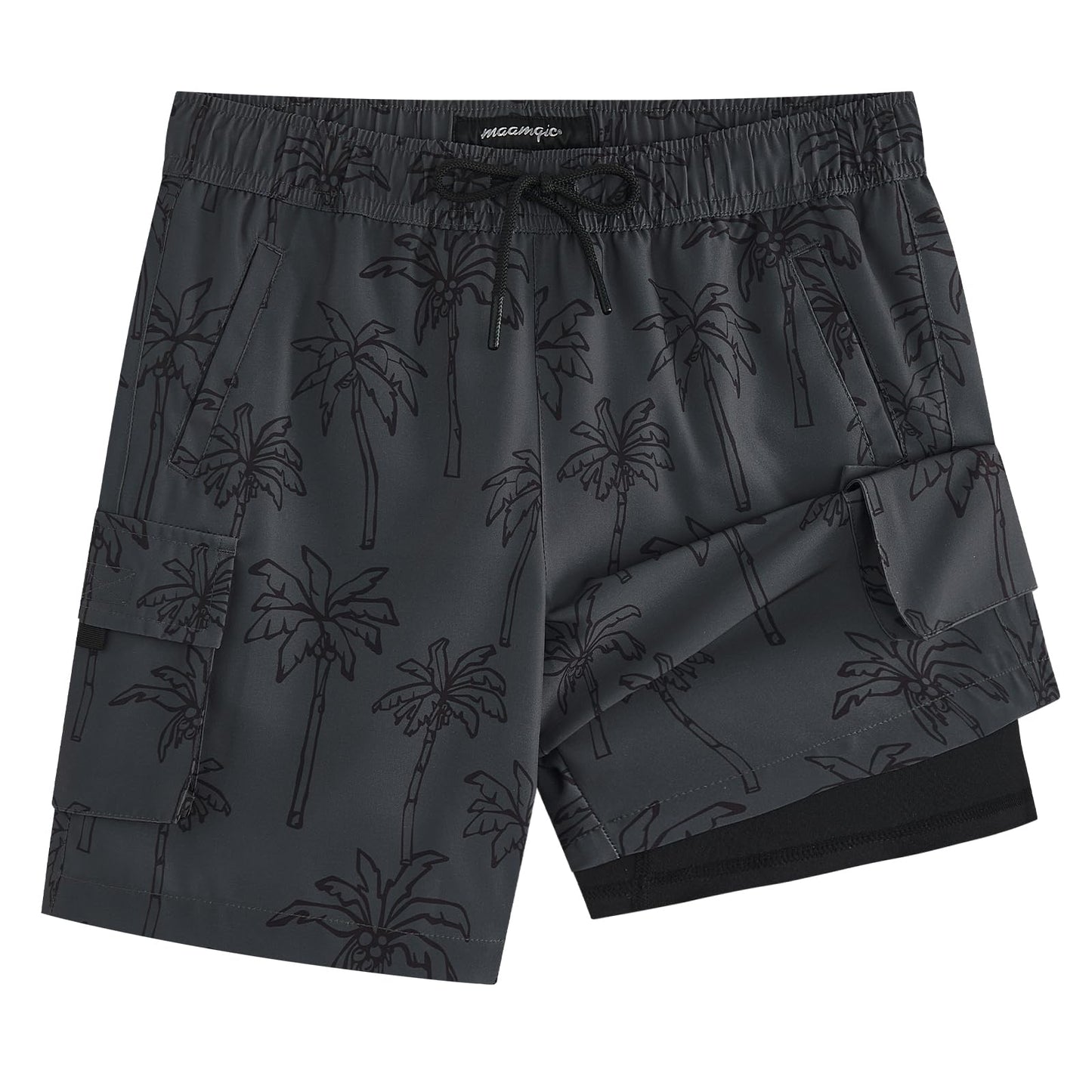 maamgic Boys Swim Trunks with Compression Liner Recycled Cargo Swim Shorts Stretch Teen Boy Bathing Suit with Pockets Gray Coconut 10/12