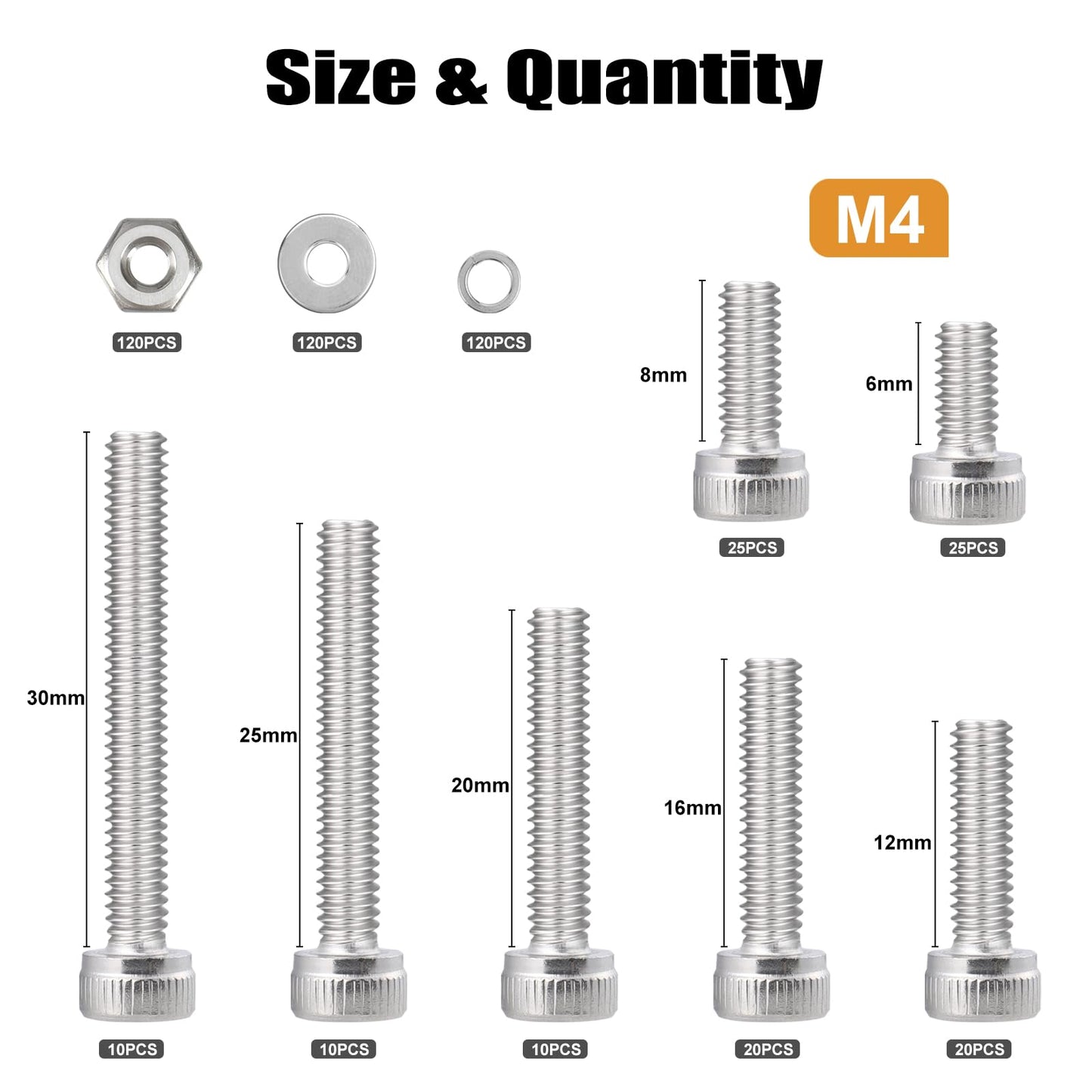VGBUY 480pcs M4 Screws Assortment, M4 Screws (7 Sizes 6-30mm) for 3D Printer DIY, Hex Socket Head Cap Screw Bolts Nuts Washer Kit, 304 Stainless Steel, 6/8/12/16/20/25/30mm