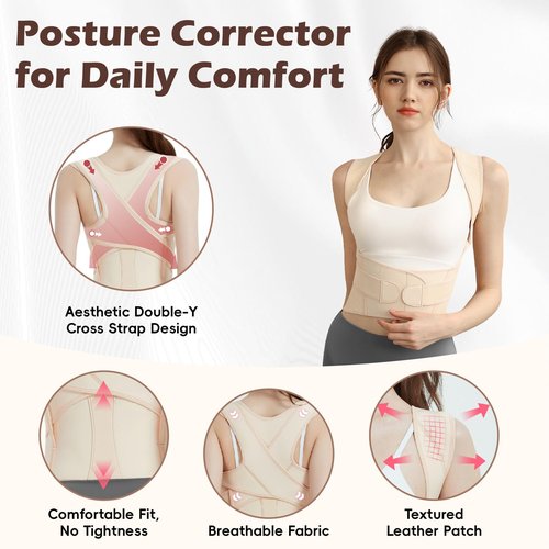 LuxuMach Posture Corrector for Women & Men, Full Back Brace Support with Adjustable Shoulder Straightener, Lower & Upper Back Pain Relief - Scoliosis, Hunchback, Spine Corrector (Beige, Medium)
