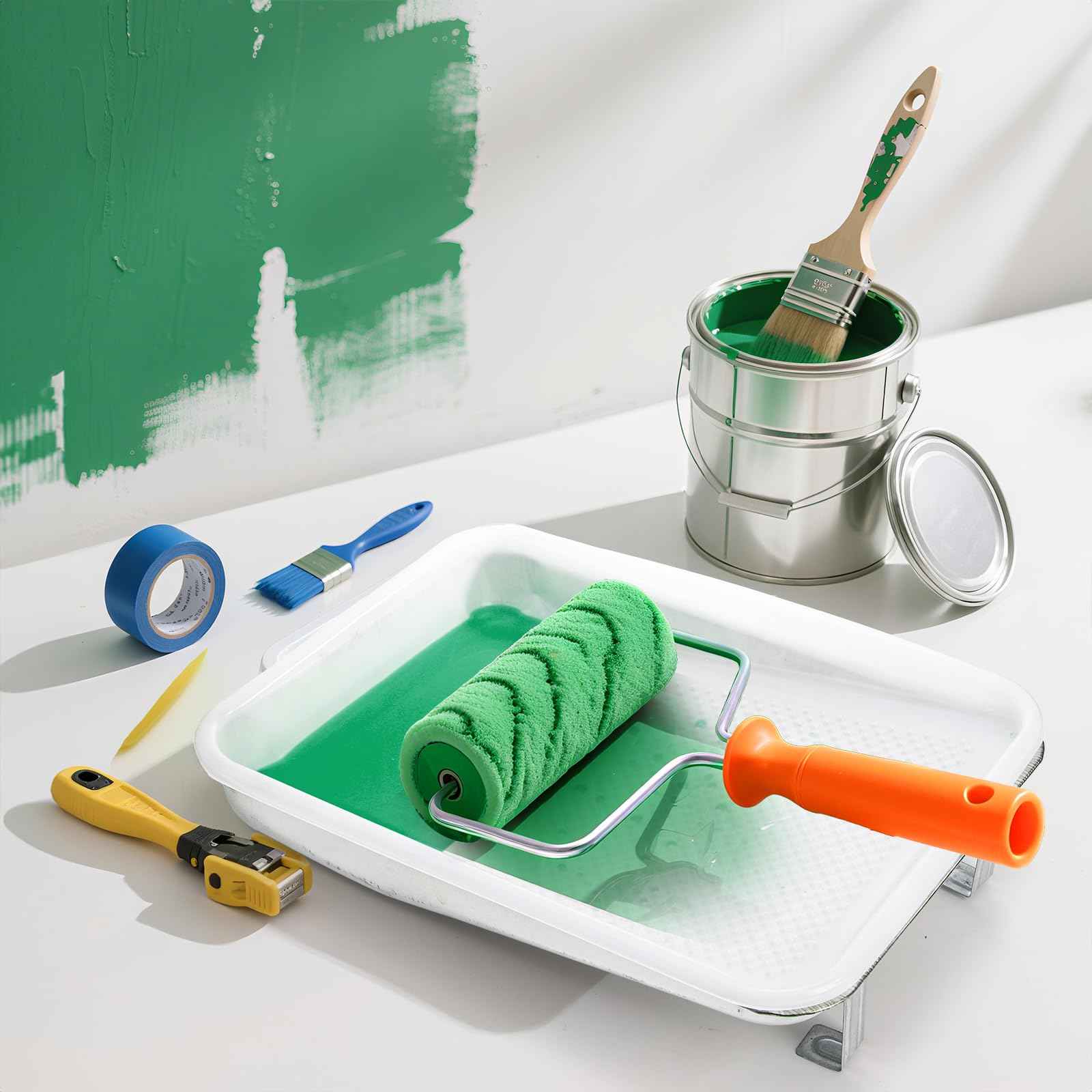 Jucoan 9 Inch Paint Tray and Liners Set, 20 Pcs Plastic Paint Tray Liners and 1 Pc Metal Paint Roller Tray, Easy to Clean Paint Pan with Disposable Paint Pan Liners for for DIY Home Wall Painting