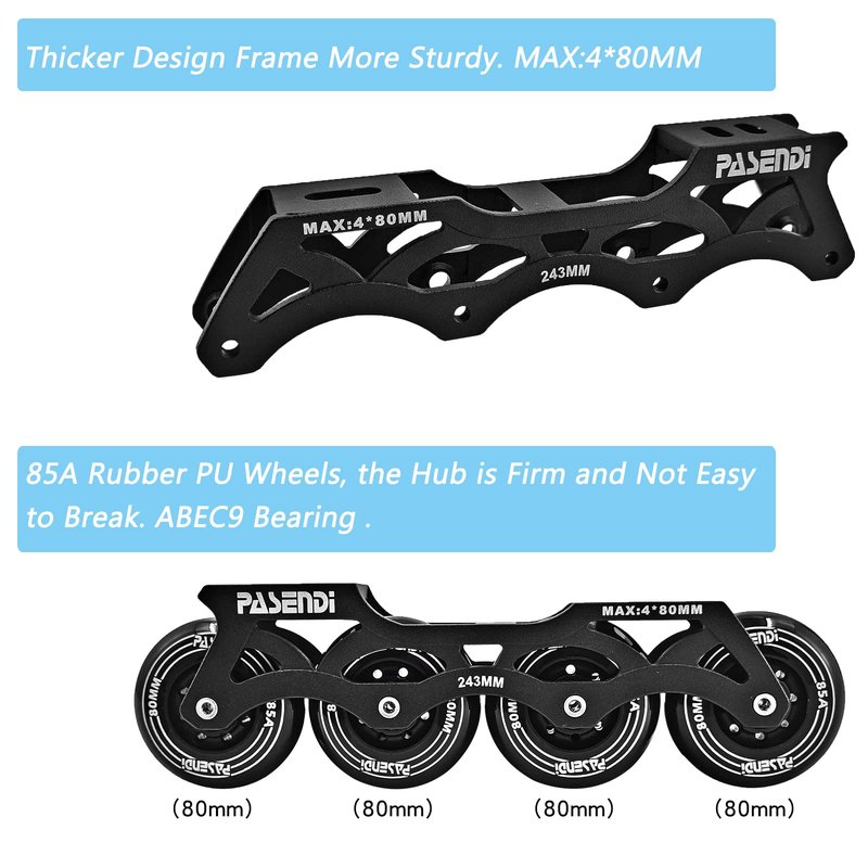 PASENDI Professional 4X80Mm Wheels Inline Skates,Outdoor Fitness Single Row Inline Skates for Adult Women Men, Black Adult Male.US Men9.5/Women10.5/28.5CM,Black