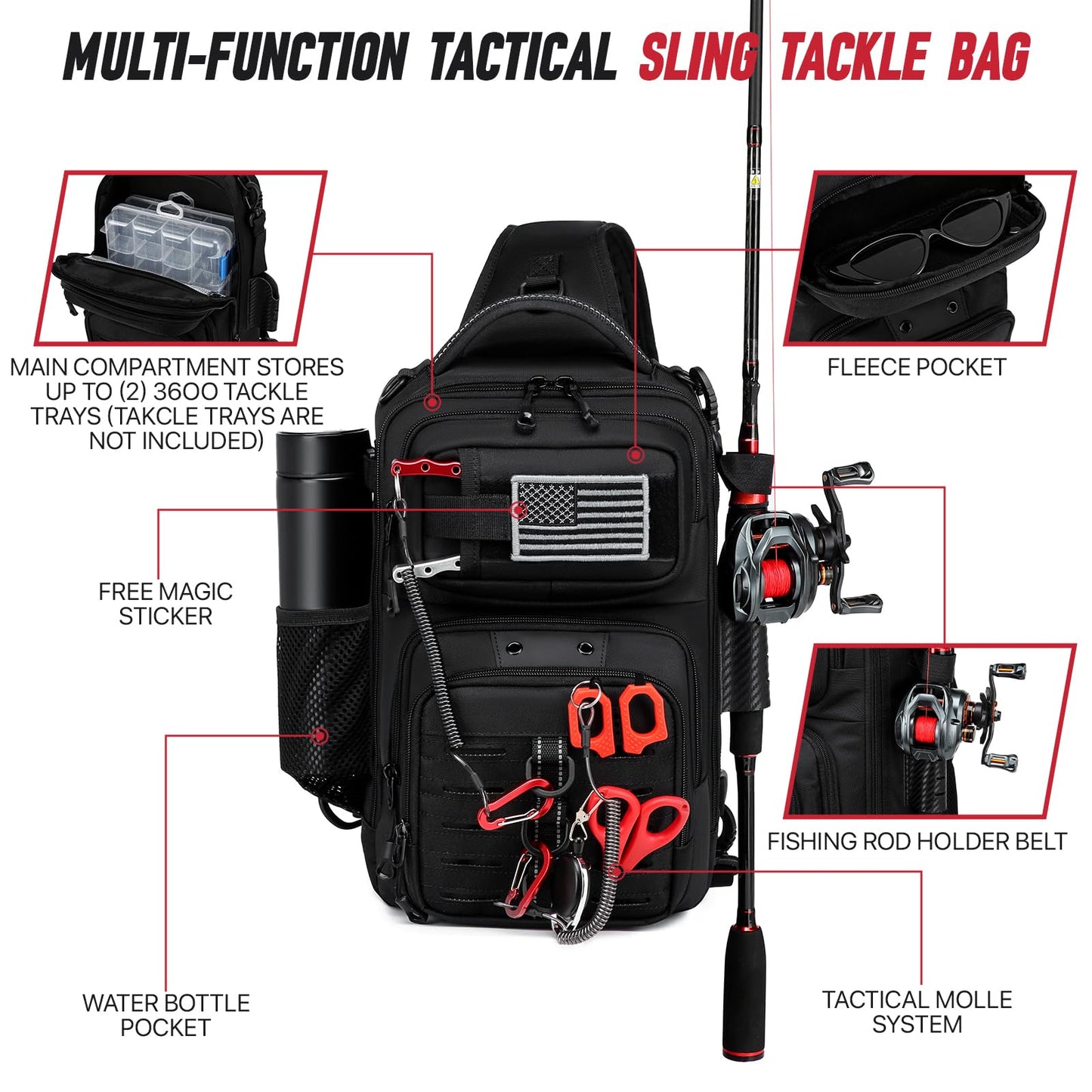 oinitiry Fishing Sling Bag, Fishing Bag With Rod Holder Fixed Stickers, MOLLE System, Soft Bait & Gear Storage, Gift for Men Black