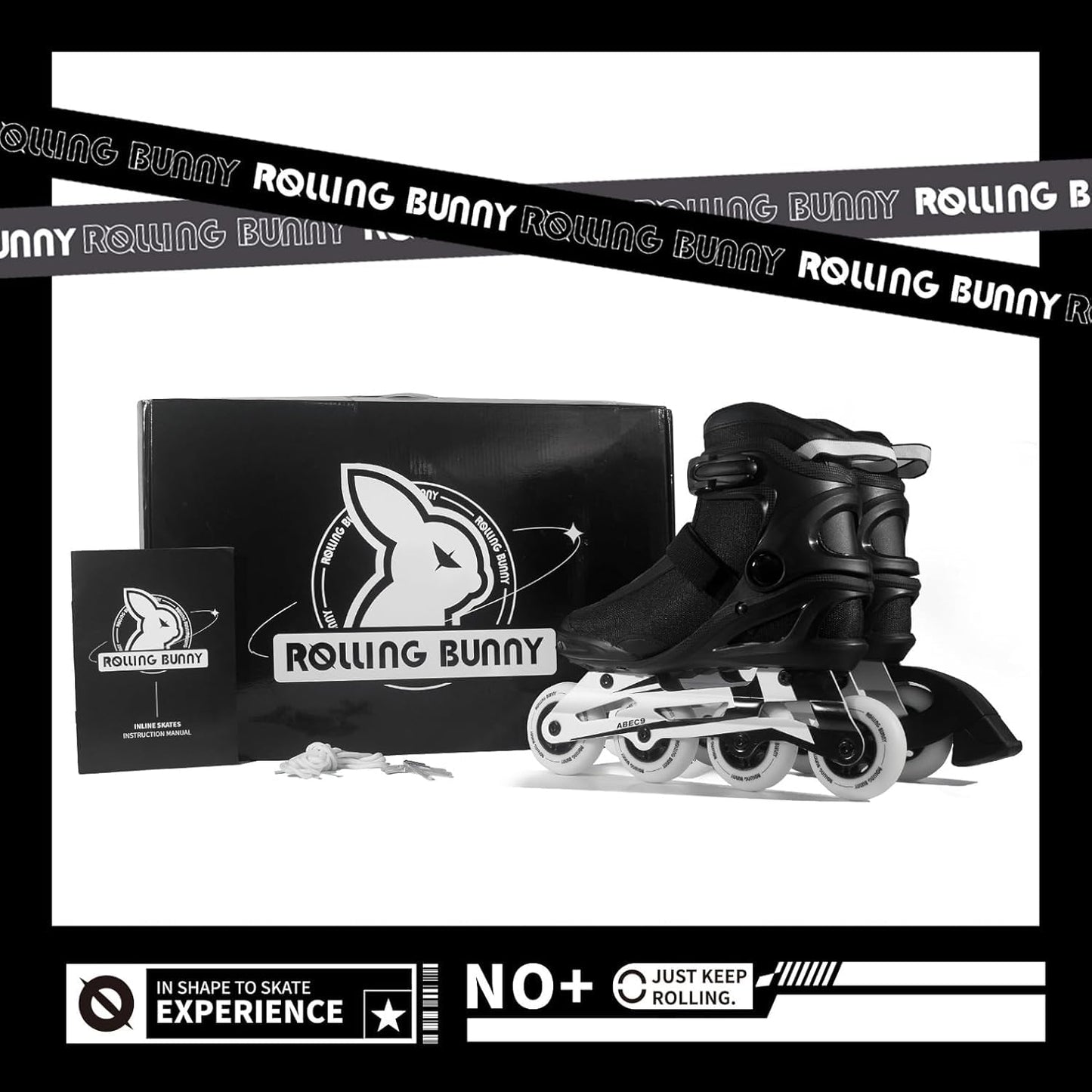 RollingBunny Inline Skates PRO for Adult Women - ABEC-9 Bearing with Breathable Lining for Male Female, Optional Brake, Size W 6-9, Black