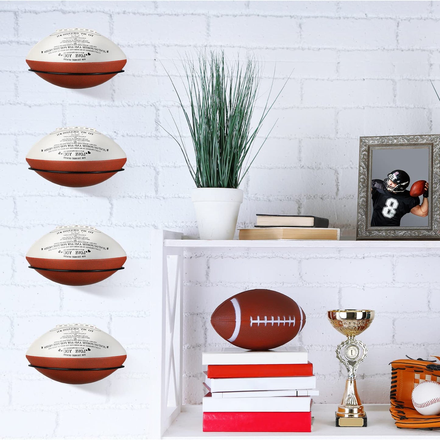 Threan 6 Pcs Football Wall Mount Holder Football Room Decor Basketball Holder Display Stand Wall Mounted Ball Storage Rack for Man Sports Soccer Volleyball Rugby, Metal