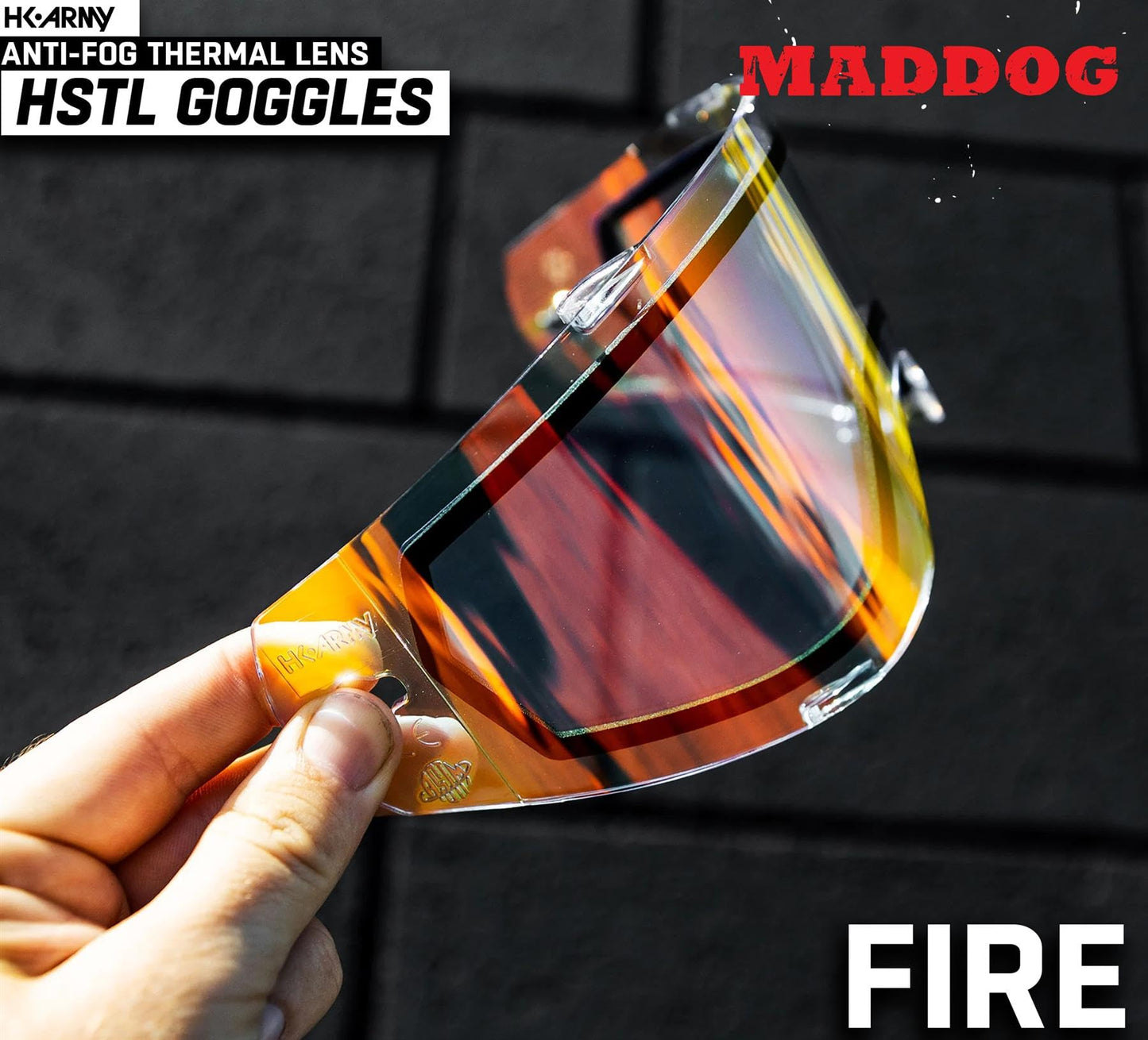 Maddog HK Army HSTL Paintball Airsoft Mask Goggle System | Replaceable Thermal Dual-Pane Anti Fog Lens | Adjustable Full-Face Safety Certified Protection - Black with Fire Lens