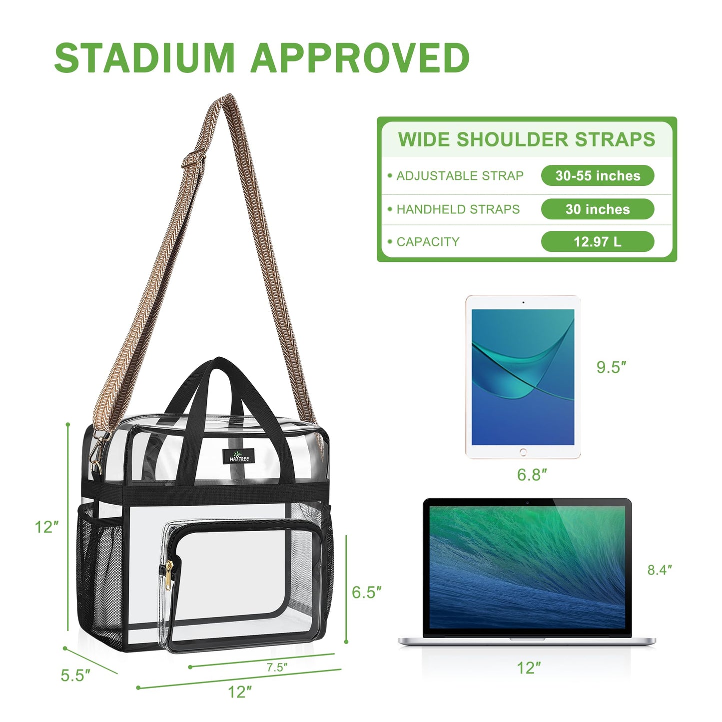 MAY TREE Clear Bag for Stadium Events, 12x6x16 Clear Tote Bag with Removable Strap, Transparent Bag for Concert Sports Gym, White & Beige-Strap