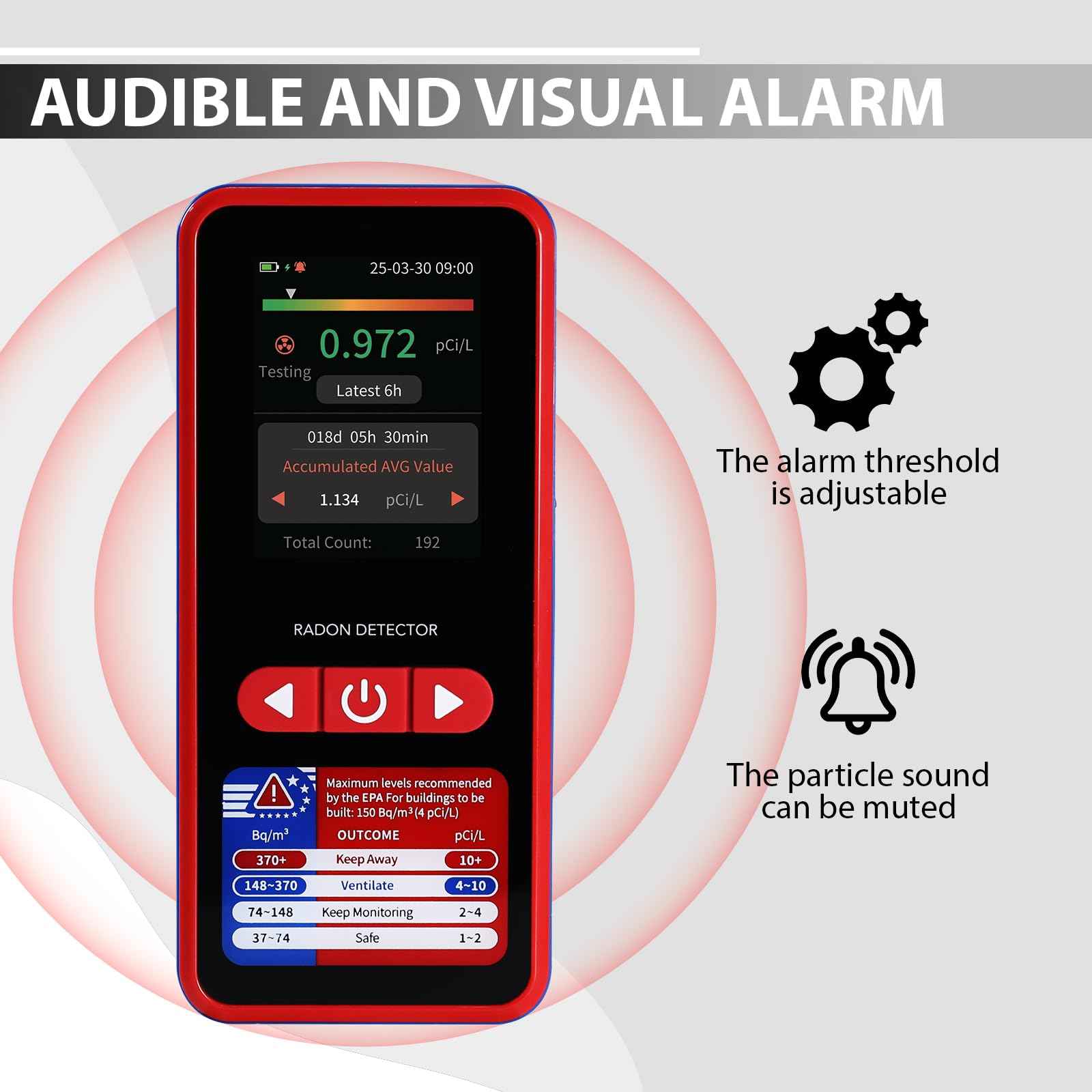 Radon Detector Portable Radon Tester, 0.09-1000pCi/L Radon Detector for Home, 504-Day Data Storage Radon Monitor with Buzzer and Visual Alarm, Large LCD Screen 45-Day Battery Life for Home Basement
