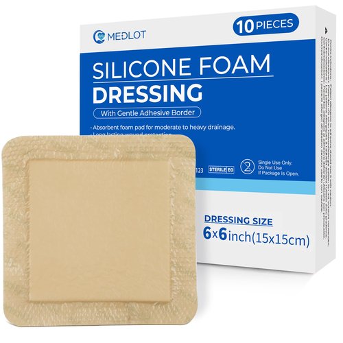 LotFancy Silicone Foam Dressing, 6"x 6" (4.3" x 4.3" Pad), 10 Count, Medical Sterile Wound Dressing with Border, Bed Sores, Pressure Ulcers Healing Bandage Pad, Highly Absorbent, Waterproof