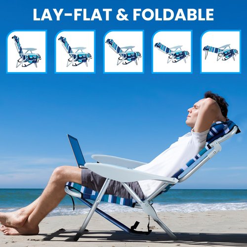 Canpsky Portable Beach Chair for Adults, Outdoor Camping Chair Lay Flat Folding Backpack Beach Reclining Chair with 5 Positions, Headrest, Cup Holder, Heavy Blue Striped
