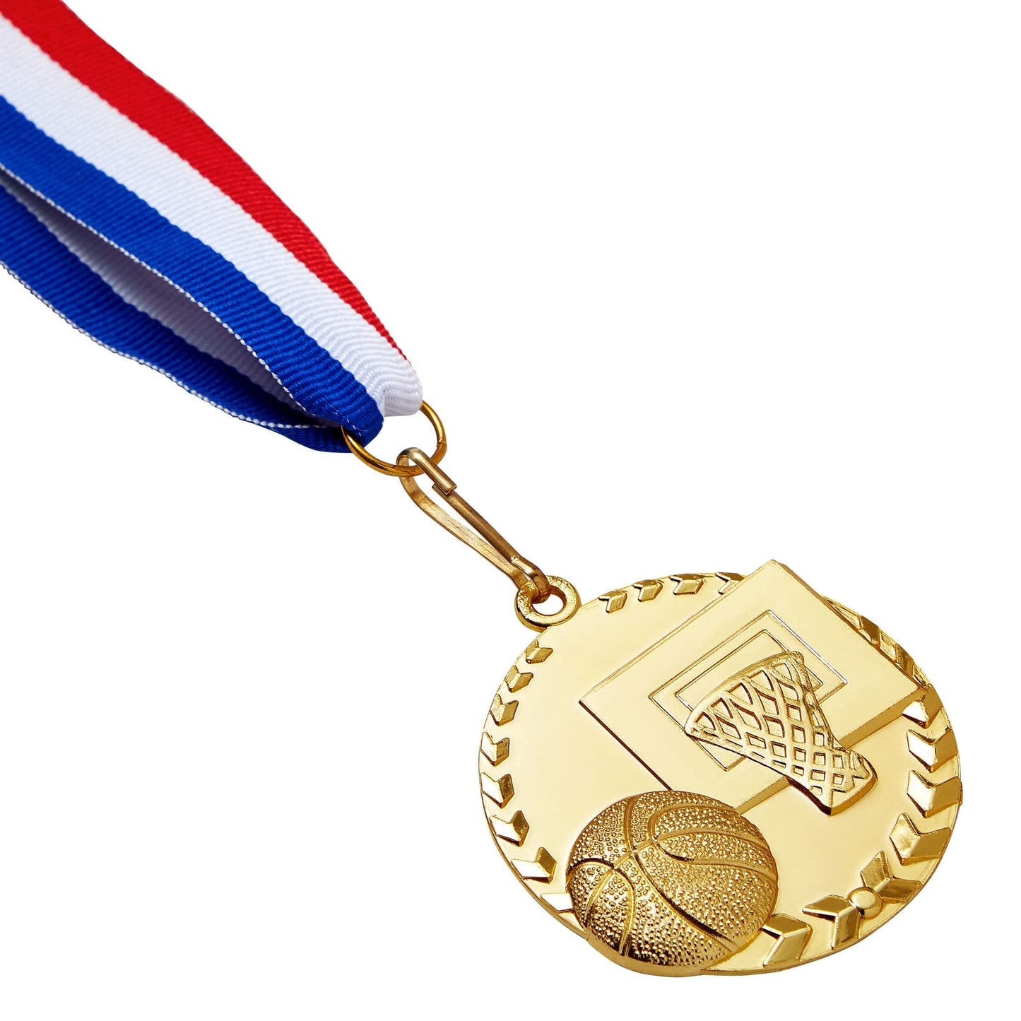 Juvale Basketball Medals for Kids & Adults - 12-Pack, 2" Gold Zinc Alloy & 15.5" - Red, White & Blue Ribbon - Medals for Awards