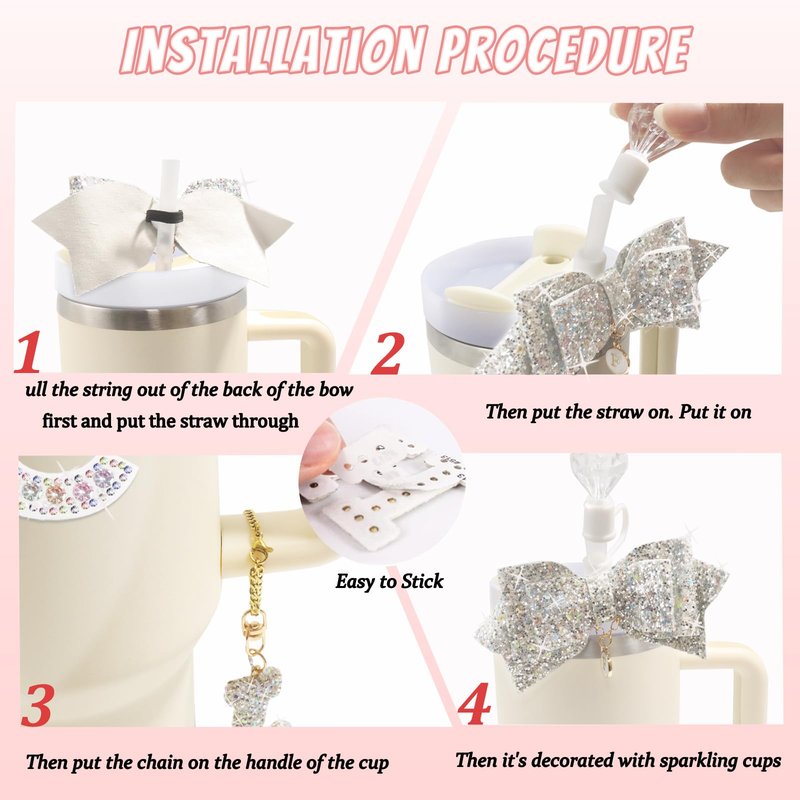 XIANGYUAN Stanley Accessory Set Includes 10mm Straw Cover,Bow Cup Decoration,Personalized Stickers for Water Bottle and Other Accessories,Suitable for 30and40oz Stanley Cup(white A)