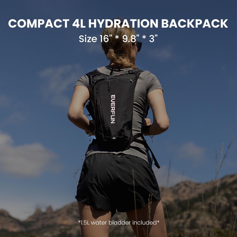 EVERFUN Hydration Backpack Running Vest Small Hiking Water Backpack with 1.5L Water Bladder, Lightweight Reflective Phone Holder Hydro Pack for Trail Running, Biking, Race, Marathons, Black