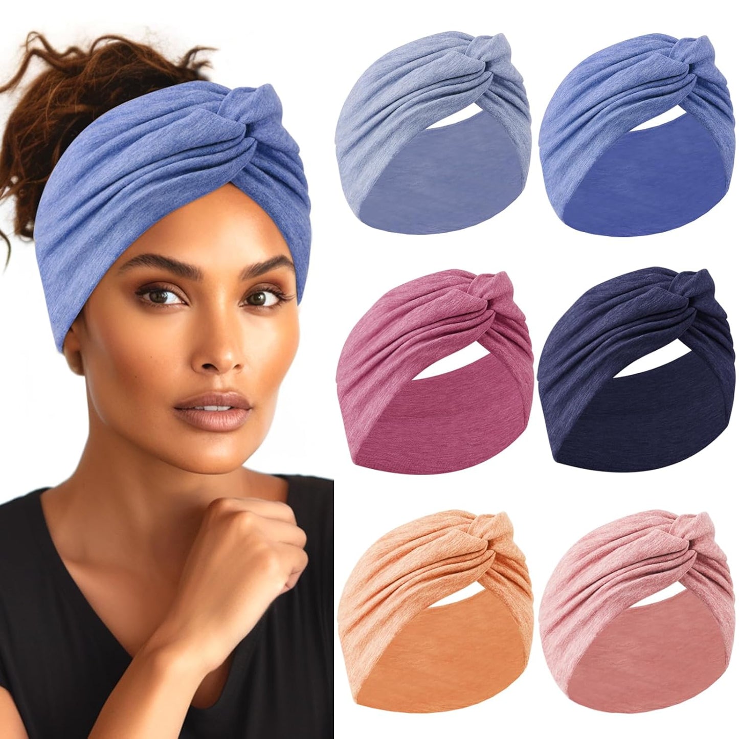Skiennix Extra Wide Headbands for Women - 7" Cotton Turban Knotted Bandana | Non-Slip Boho Style (6 Pcs)