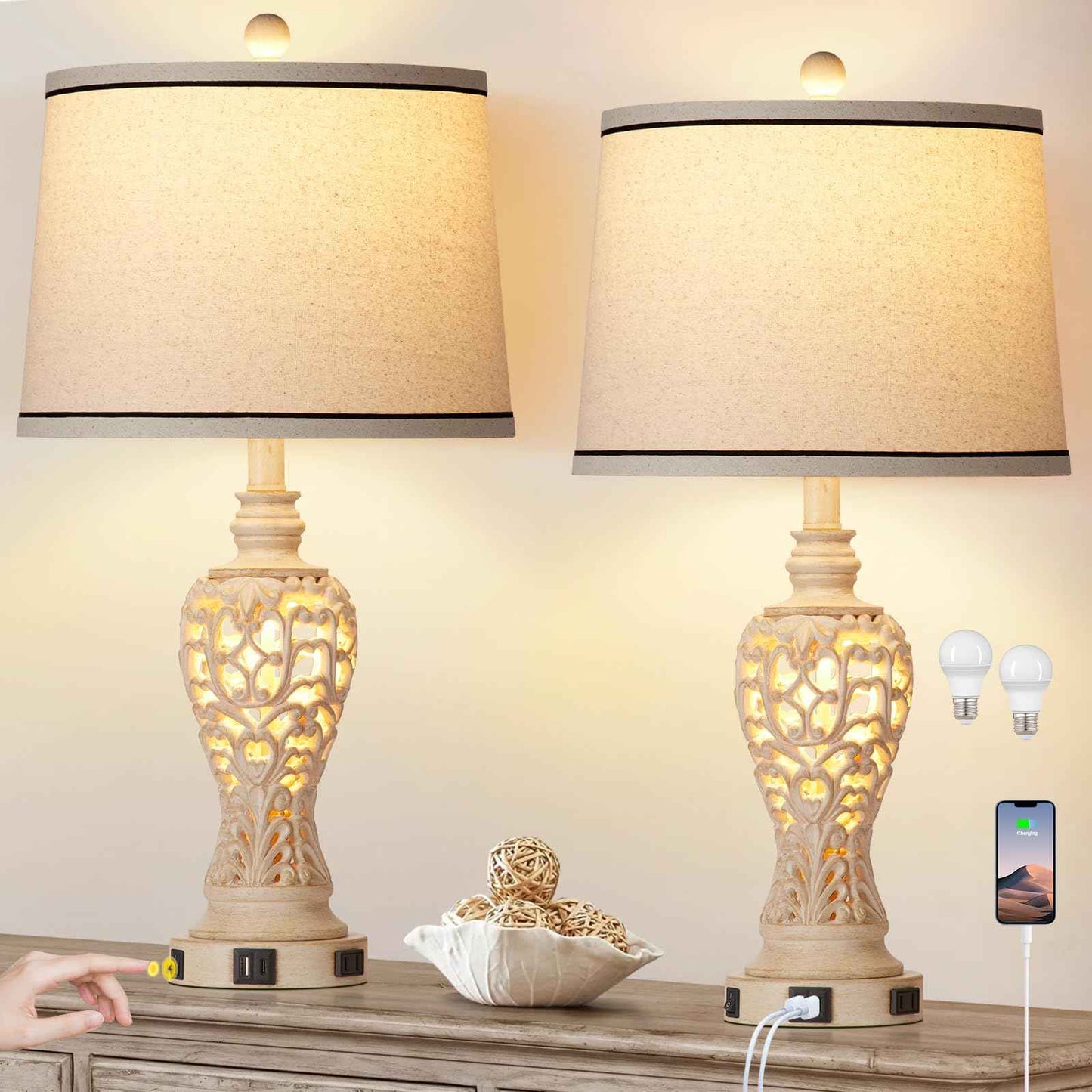 Rinweey Table Lamps Set of 2, Farmhouse Table Lamps with Nightlight, Rustic Bedside Lamps with Dual USB & AC Outlet, 25.2'' Beige Vintage Nightstand Lamps for Bedroom Living Room, Bulbs Included