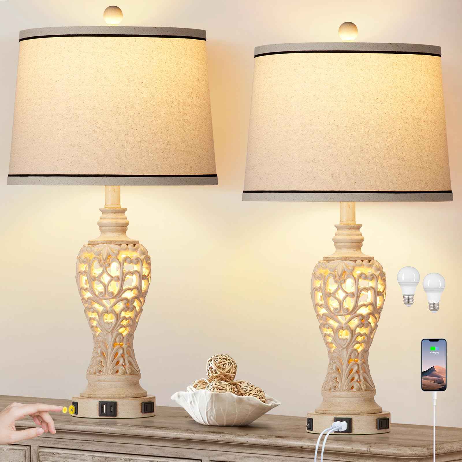 Rinweey Table Lamps Set of 2, Farmhouse Table Lamps with Nightlight, Rustic Bedside Lamps with Dual USB & AC Outlet, 25.2'' Beige Vintage Nightstand Lamps for Bedroom Living Room, Bulbs Included
