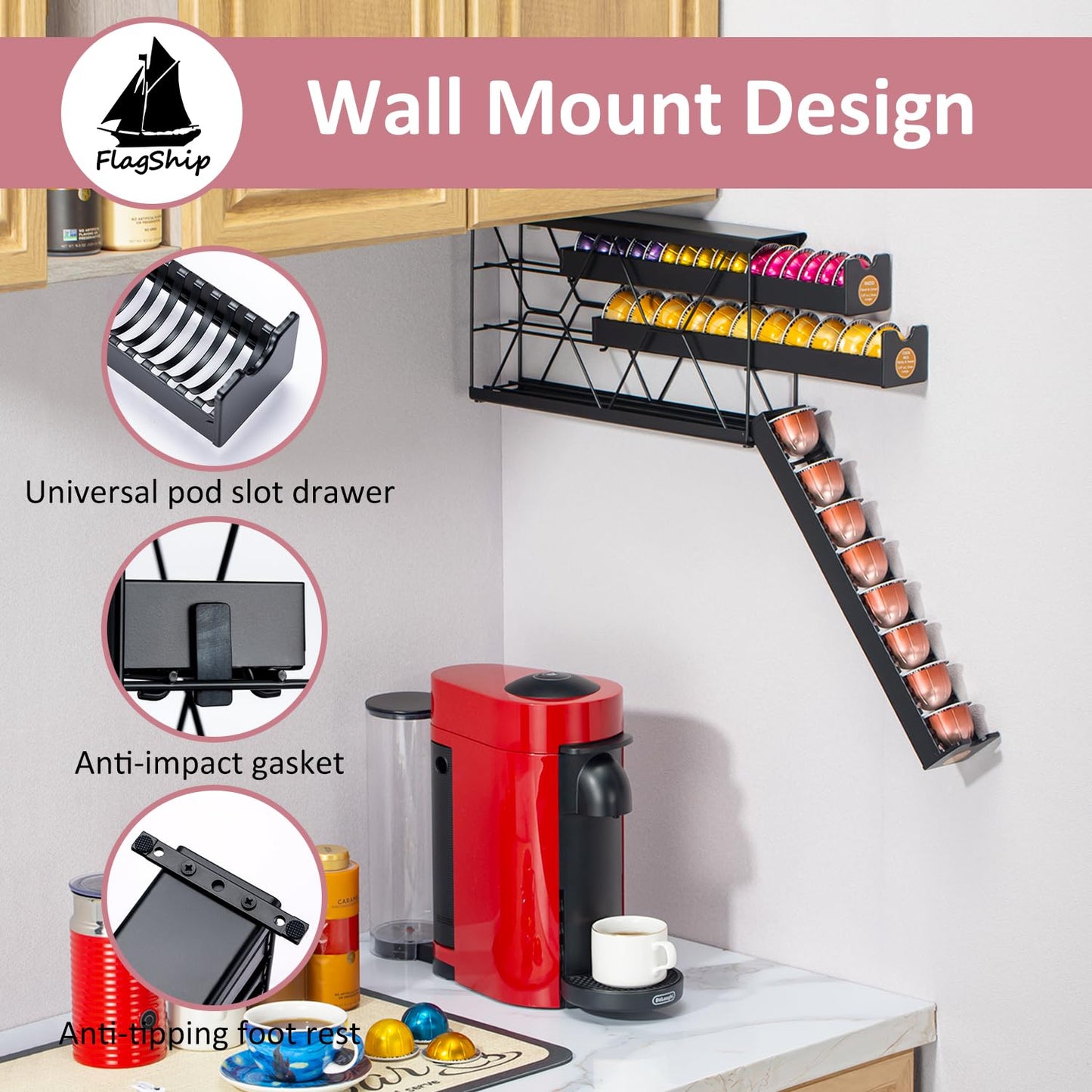 FlagShip 3-Tier Nespresso Pod Holder & Vertuo Coffee Capsule Organizer - Black Metal Space-Saving Storage Holds 30+ Pods Fits All Size Vertuo Pod