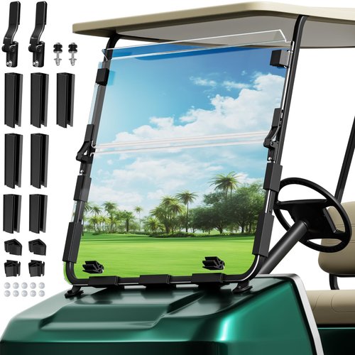 ENEKERP Golf Cart Windshield for Club Car DS 1982-2000 Models with 1"×1" Struts Upper and Down Straight Rail, Foldable Clear Front Club Car DS Windshield with Heavy Duty Hinge, 3/16" (5MM) PC, Anti-UV