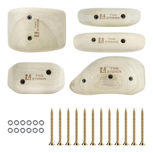 TWO STONES Wooden Rock Climbing Holds for Adults | Wood Rock Wall Climbing Holds | Variety Screw On Climbing Hold Grips Set with Mounting Hardware (HD5in1-B)