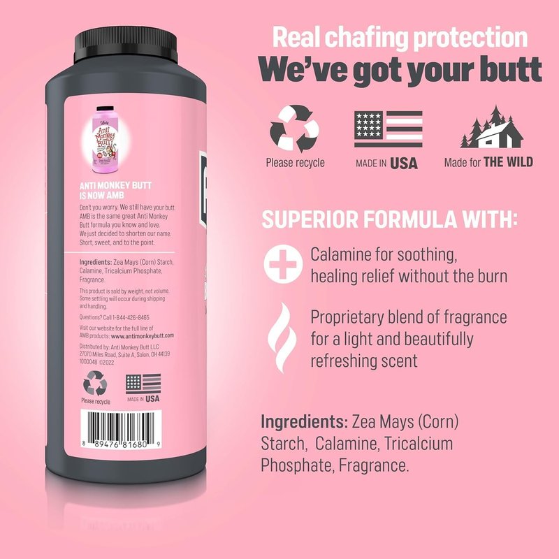 Anti Monkey Butt Body Powder for Women - Talc-Free Sweat & Chafing Relief with Calamine - Hypoallergenic Anti-Friction Formula for Thighs, Underarms, & More - 8 oz (Pack of 2)