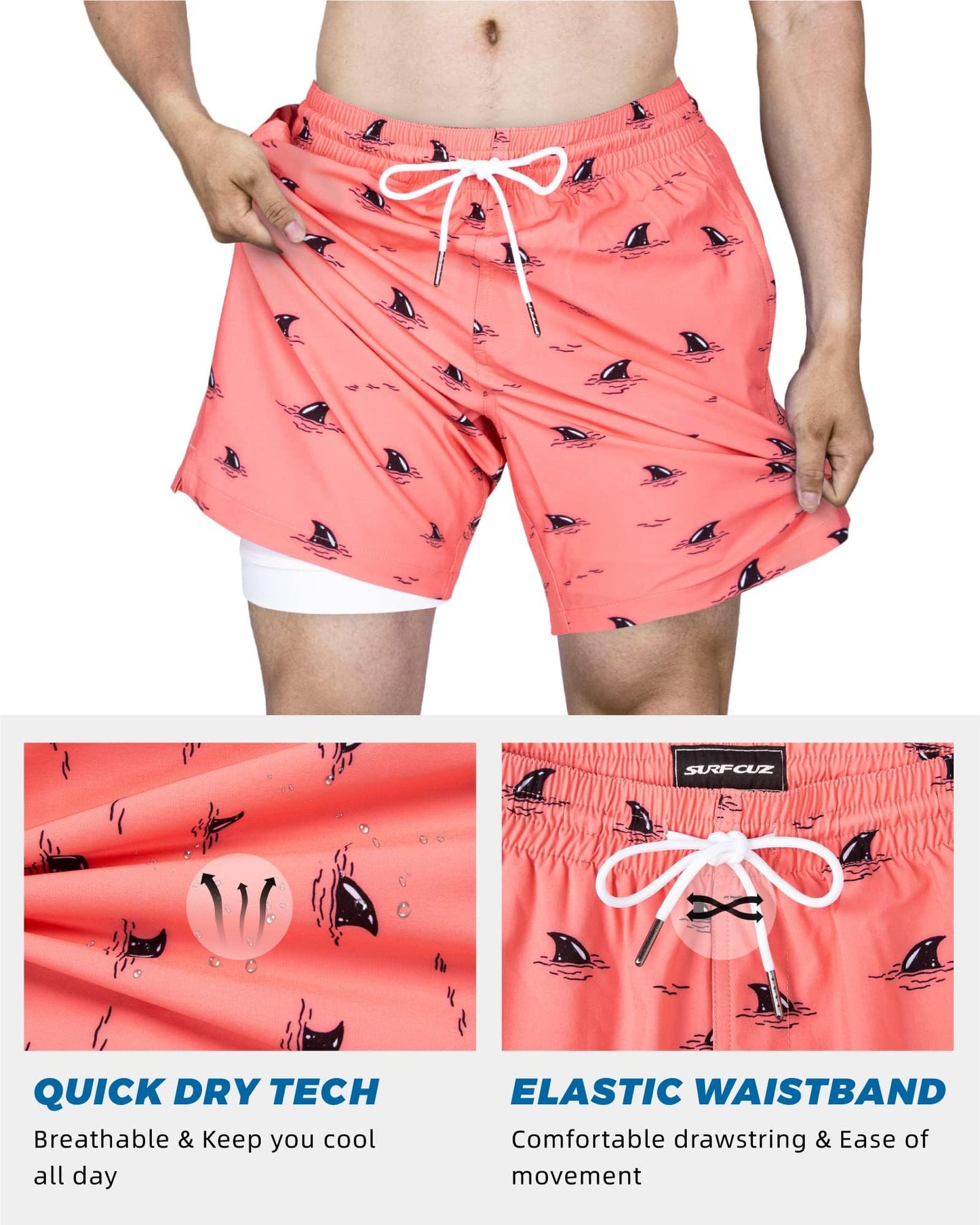 SURF CUZ Mens Swim Trunks with Compression Liner Quick Dry Swim Shorts 7" Swimming Trunks Stretch Zipper Pockets Pink Hidden Sharks Large