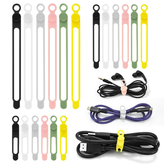 CozyNestMo Silicone Cable Ties Reusable, Elastic Wire Organizer Ties, for Charging Cables, Electrical Cords, Computer Wires, USB Data Cable Management, Cord Organizer (6 Colors, 3 Sizes)