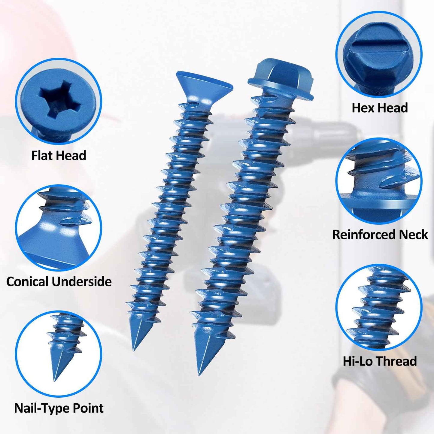 200PCS Concrete Screws Assortment Kit, 1/4 3/16 Masonry Screws with Drill Bit and Driver Bit, 4 Size Flat & Hex Head Cement Screws and Anchors, Diamond Point, Self Tapping Concrete Brick, Blue Coated
